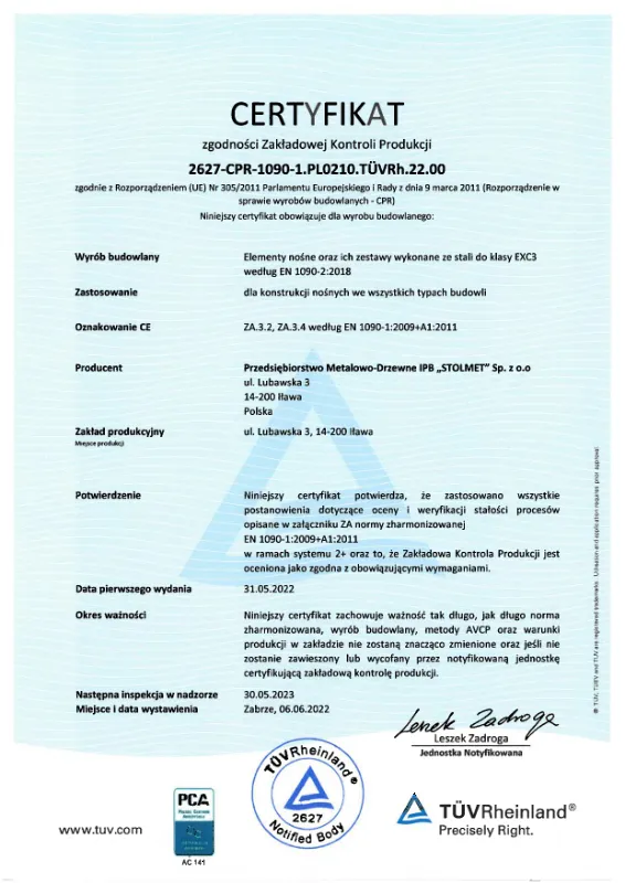Certyfikat EN 1090-2 PL EN DE