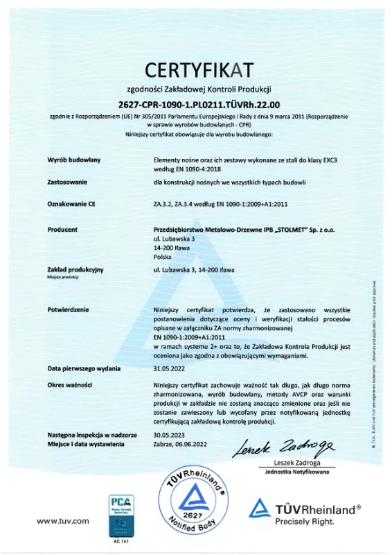 Certyfikat EN 1090-4 PL EN DE