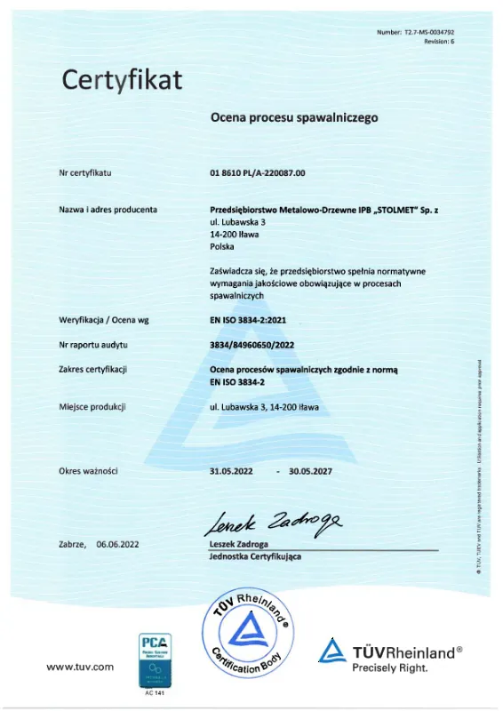 Certyfikat EN ISO 3834-2 PL EN DE