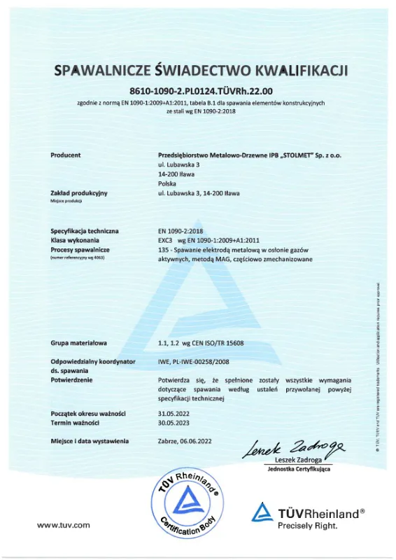 Spawalnicze Świadectwo Kwalifikacji EN 1090-2 PL EN DE