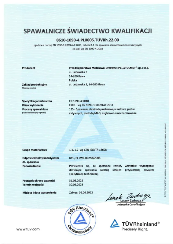 Spawalnicze Świadectwo Kwalifikacji EN 1090-4 PL EN DE